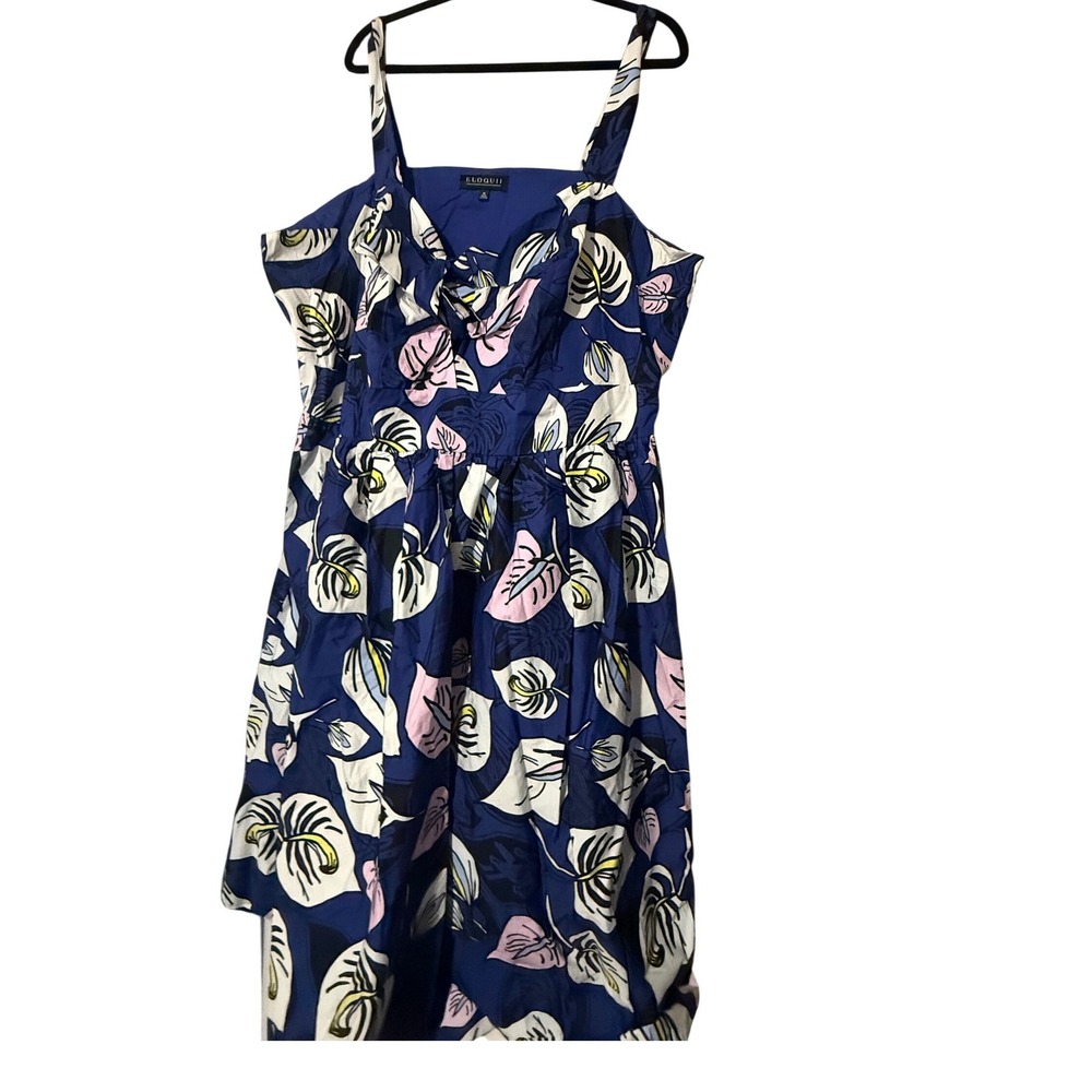 Eloquii Blue Tropical Leaf Print Fit and Flare Midi Dress Plus Size 18Sweetheart